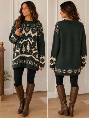 Lauren Hansen Hand-Knitted Green Reindeer and Snowflake Christmas Pullover Sweat